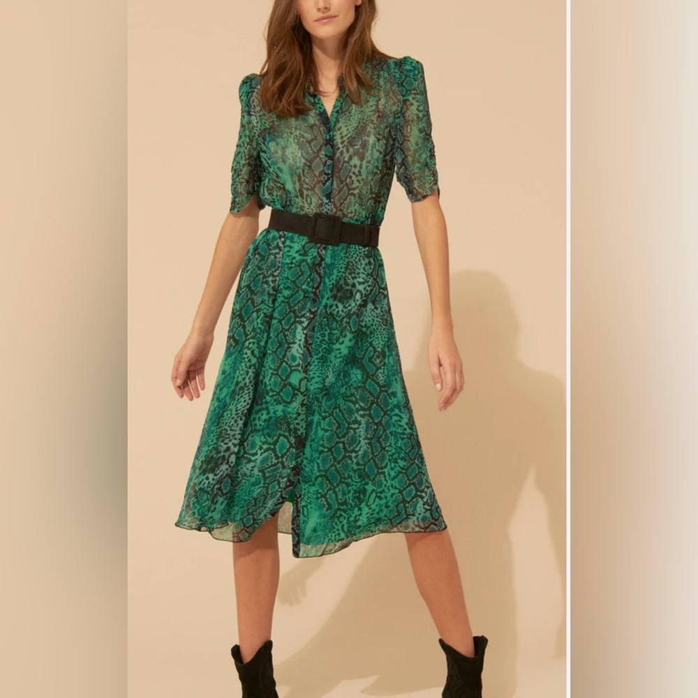 BA&SH Robe Rozy green leopard print dress XS